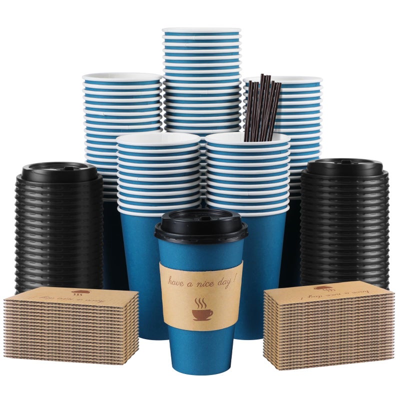 Clawsoff 100 Pack 16 oz Coffee Cups with Lids Disposable To Go Paper Coffee Cups with Sleeves and Stirring Sticks for HotCold Drinks Office Home Shop Event Navy